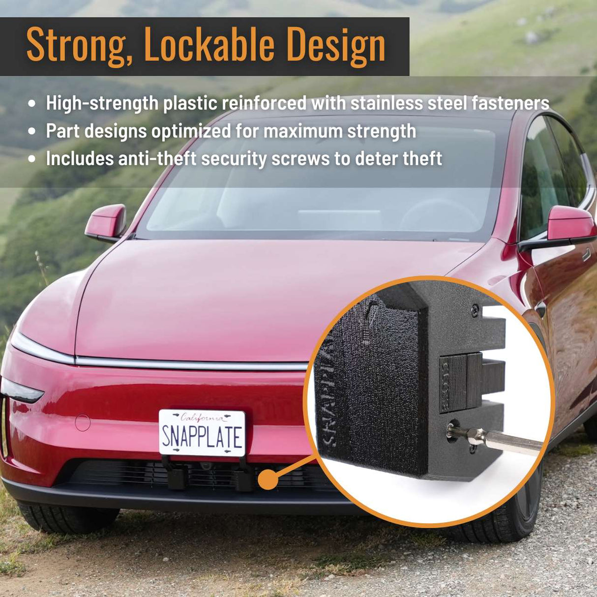 A red Tesla Model Y displays the EveryAmp SnapPlate Front License Plate Holder; inset reveals its anti-theft screw being fastened with a key. Text highlights the holders durable, secure, lockable design.
