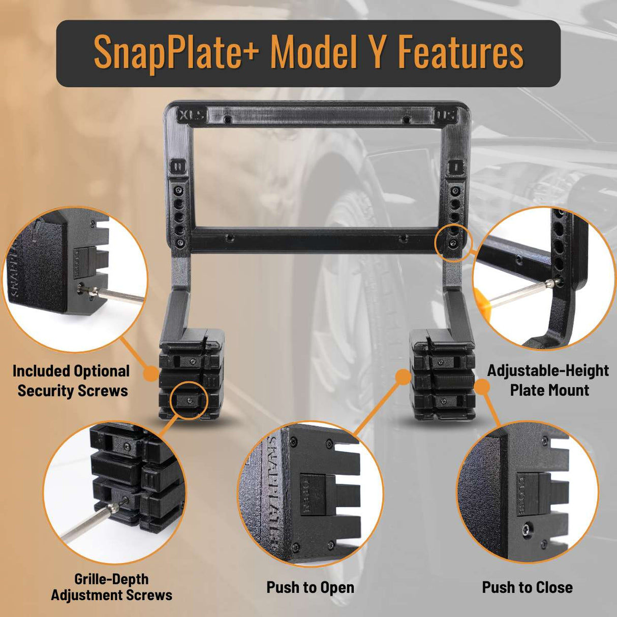 Infographic of the EveryAmp Tesla Model Y SnapPlate Front License Plate Holder, featuring security screws, grille-depth adjustment, push-to-open/close design, and adjustable-height plate mount.