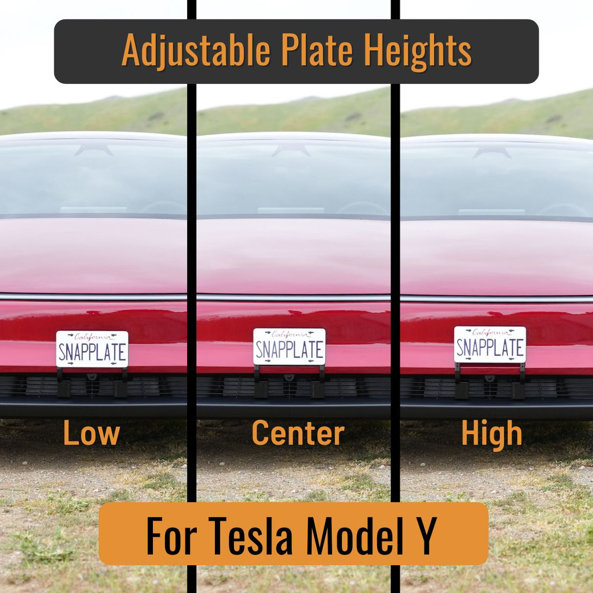 A Tesla Model Y with the EveryAmp SnapPlate Front License Plate Holder is shown at low, center, and high positions, demonstrating the adjustable height options of the license plate mount.