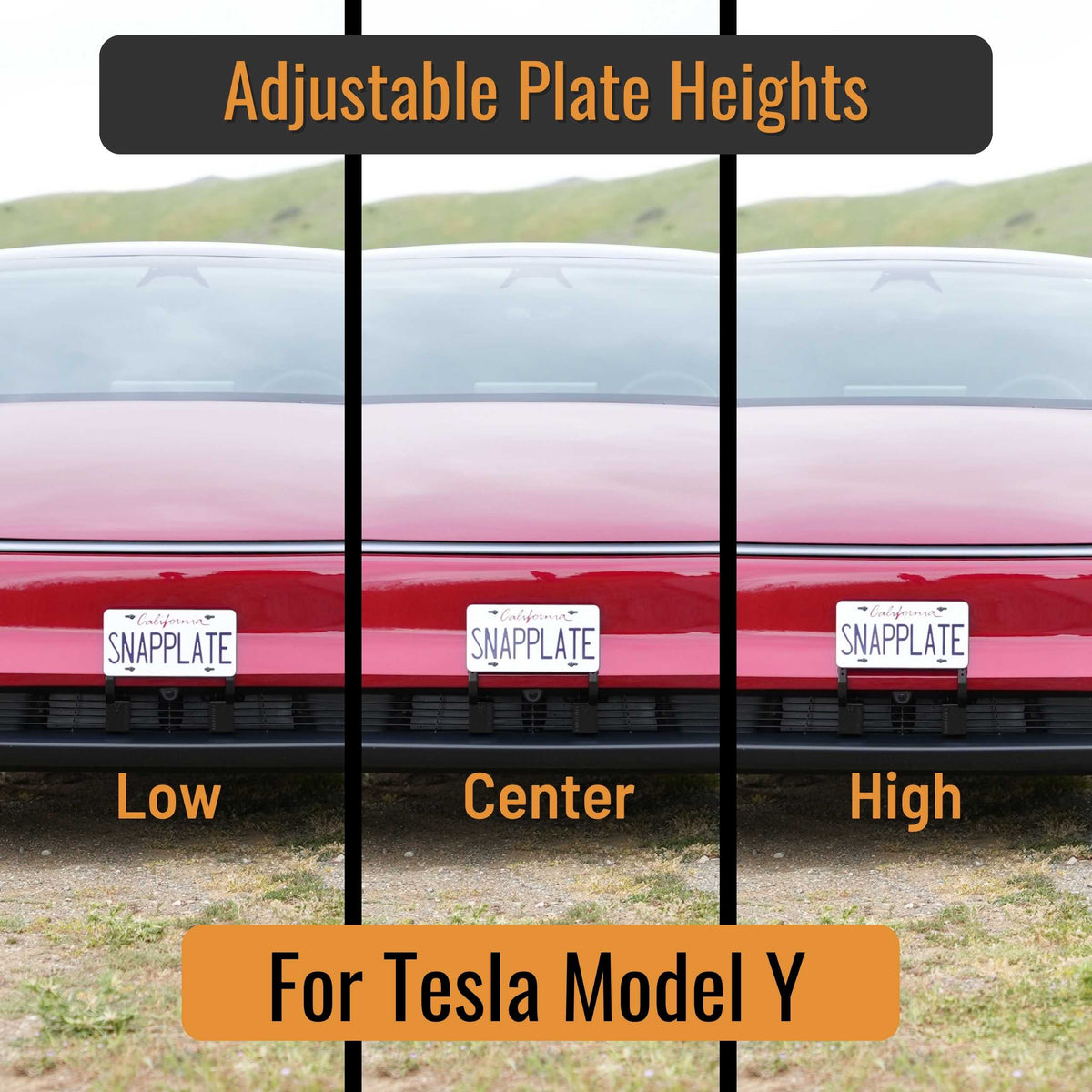 A Tesla Model Y with the EveryAmp SnapPlate Front License Plate Holder is shown at low, center, and high positions, demonstrating the adjustable height options of the license plate mount.