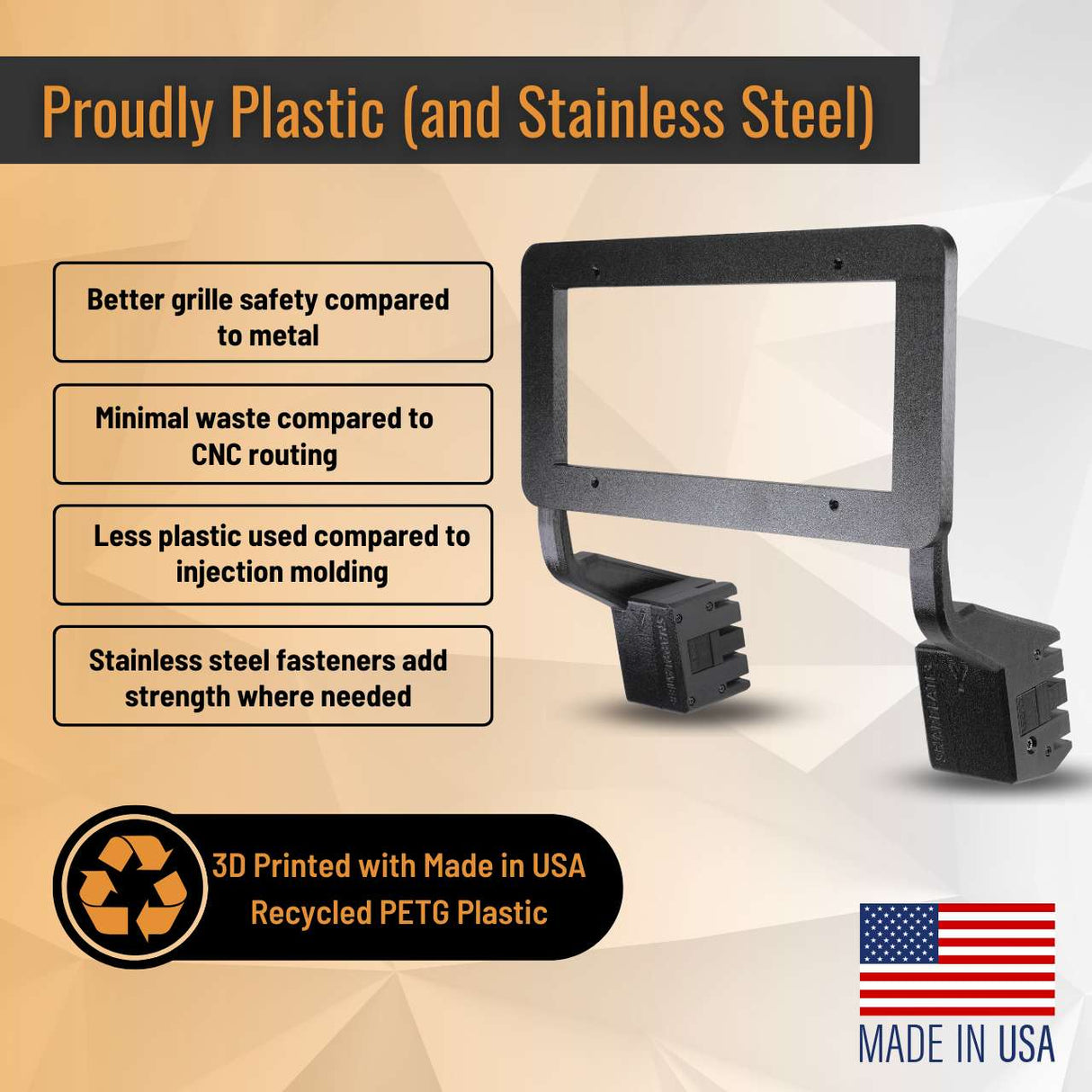 EveryAmp Tesla Model Y SnapPlate Front License Plate Holder: 3D-printed plastic mount with stainless steel fasteners, key benefits, and proudly Made in USA.