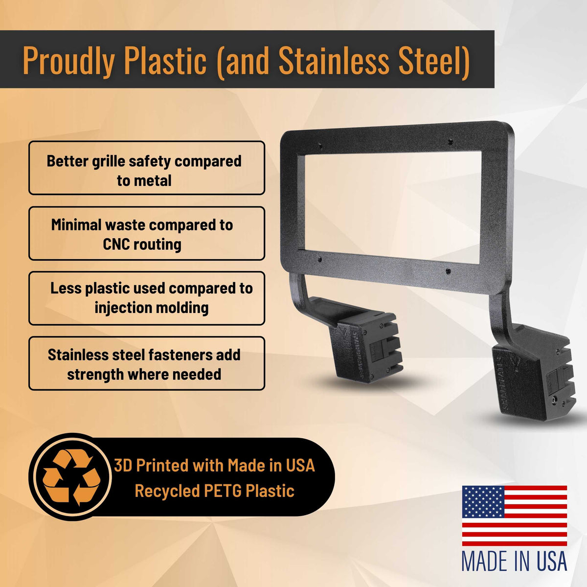 EveryAmp Tesla Model Y SnapPlate Front License Plate Holder: 3D-printed plastic mount with stainless steel fasteners, key benefits, and proudly Made in USA.