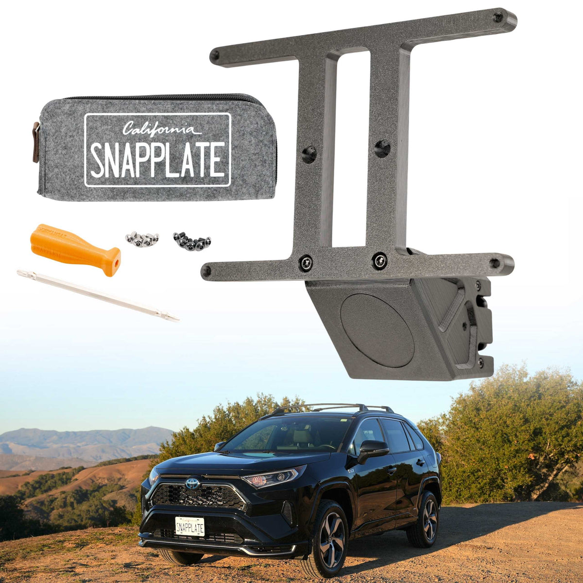 EveryAmp Toyota RAV4 SnapPlate No-Drill Front License Plate Bracket kit, with tools and carrying pouch, shown installed on a black Toyota SUV parked outdoors.