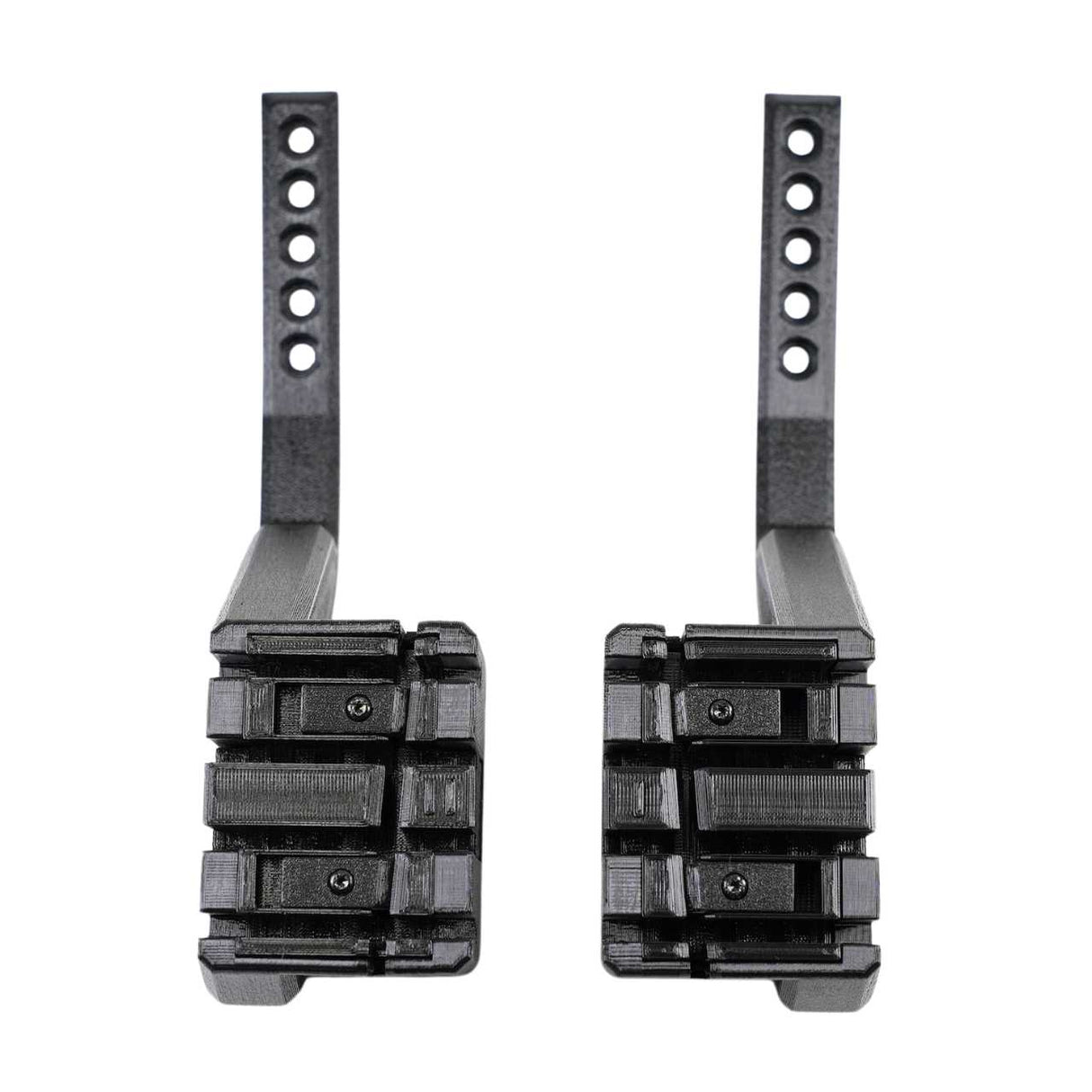 Two black modular plastic bases with adjustable arms and multiple holes, viewed from above on a white background—perfect as EveryAmp SnapPlate+ Base replacement parts for the 2026+ Tesla Model Y.