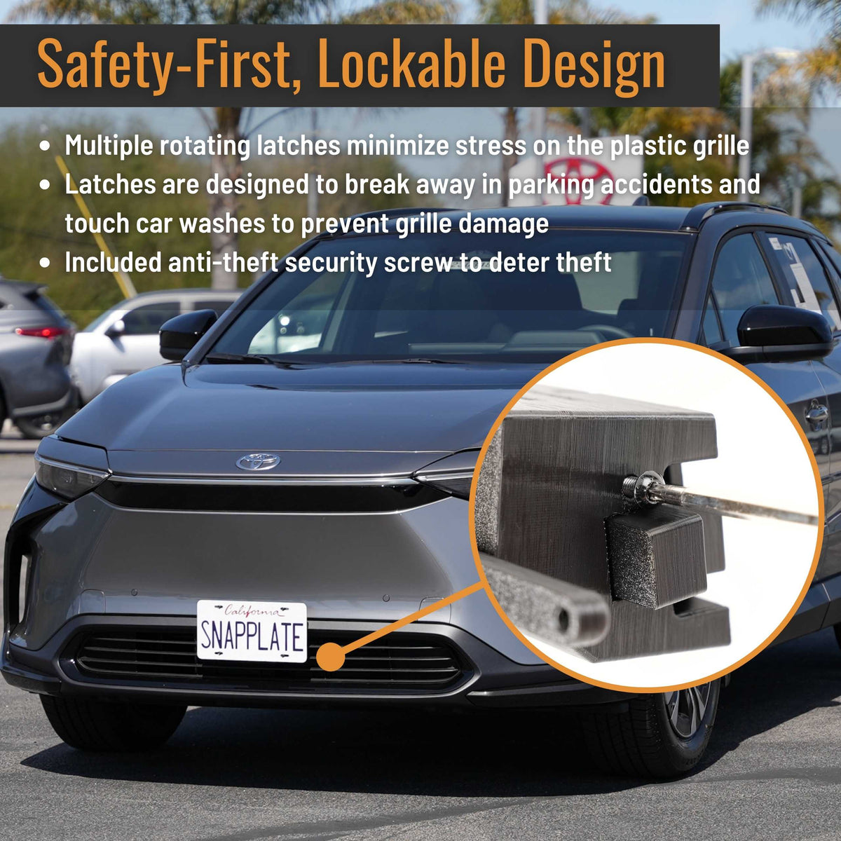 SnapPlate front license plate holders for the 2025-2023 Toyota bZ4X have a safety optimized, repairable design