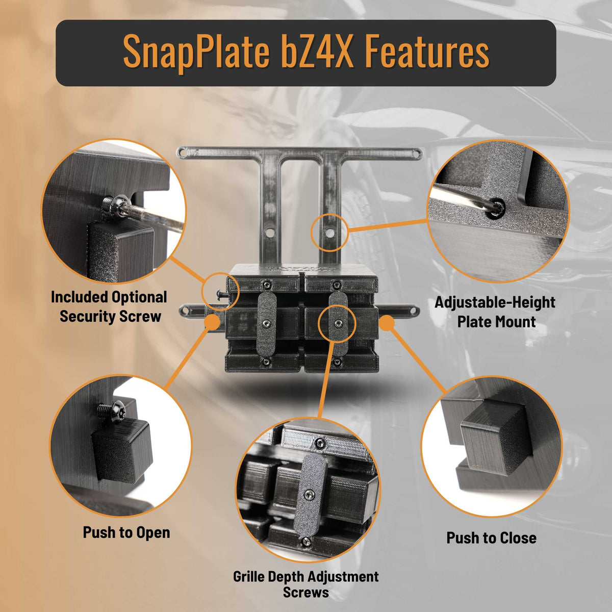 SnapPlate front license plate mounts for the 2025-2023 Toyota bZ4X feature a simple pushbutton design with adjustable plate height and grille fit and an optional security screw