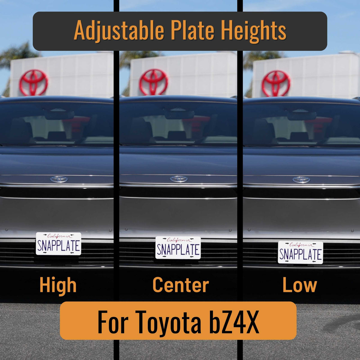 SnapPlate front license plate holders for the 2025-2023 Toyota bZ4X features adjustable plate height with high, center, and low positions