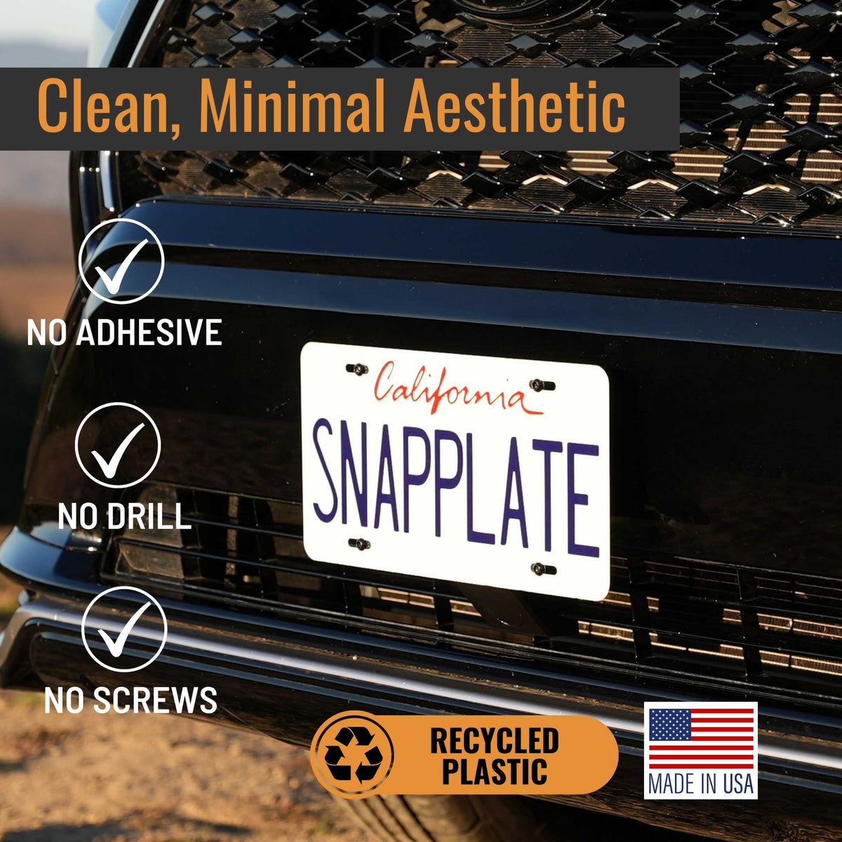 The EveryAmp Toyota RAV4 SnapPlate No-Drill Front License Plate Bracket is a clean, adhesive-free, recycled plastic mount made in the USA—ideal for mounting your front plate without screws or damage.