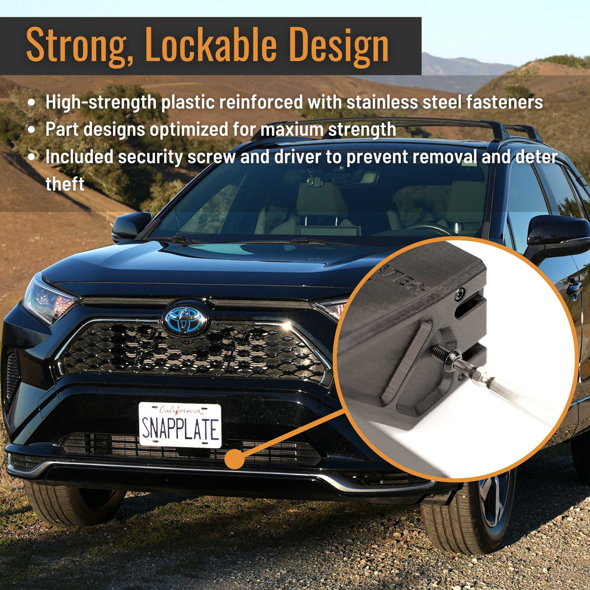 A Toyota SUV is parked outdoors with an EveryAmp Toyota RAV4 SnapPlate No-Drill Front License Plate Bracket; an inset shows a close-up of the lockable bracket featuring a stainless steel fastener and security screw.