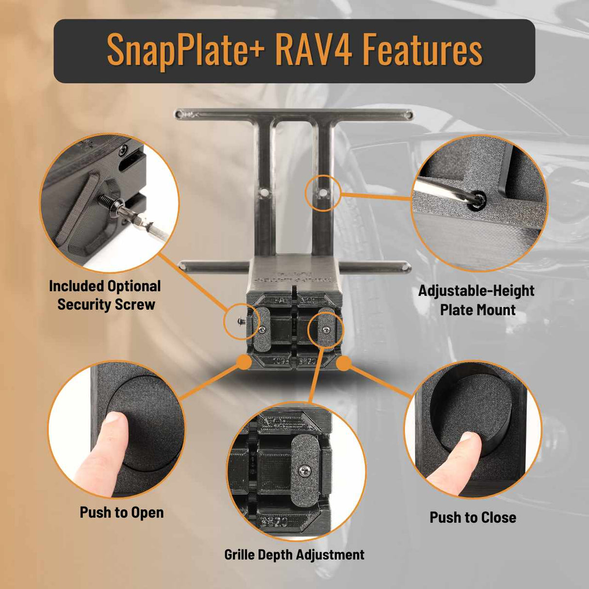 Diagram showcasing EveryAmp Toyota RAV4 SnapPlate No-Drill Front License Plate Bracket features: optional security screw, adjustable height, push-to-open/close mechanism, and grille depth adjustment.
