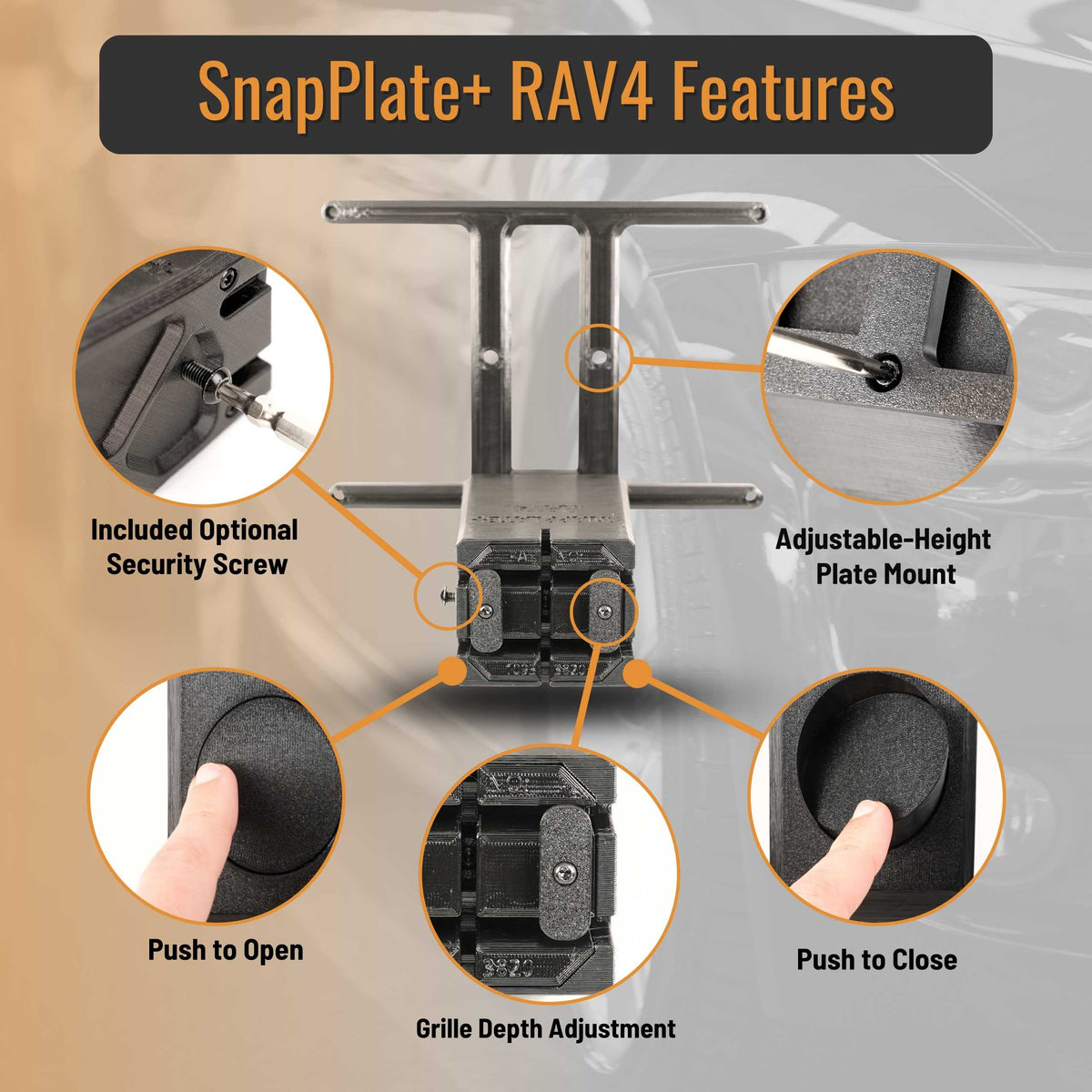 Diagram showcasing EveryAmp Toyota RAV4 SnapPlate No-Drill Front License Plate Bracket features: optional security screw, adjustable height, push-to-open/close mechanism, and grille depth adjustment.