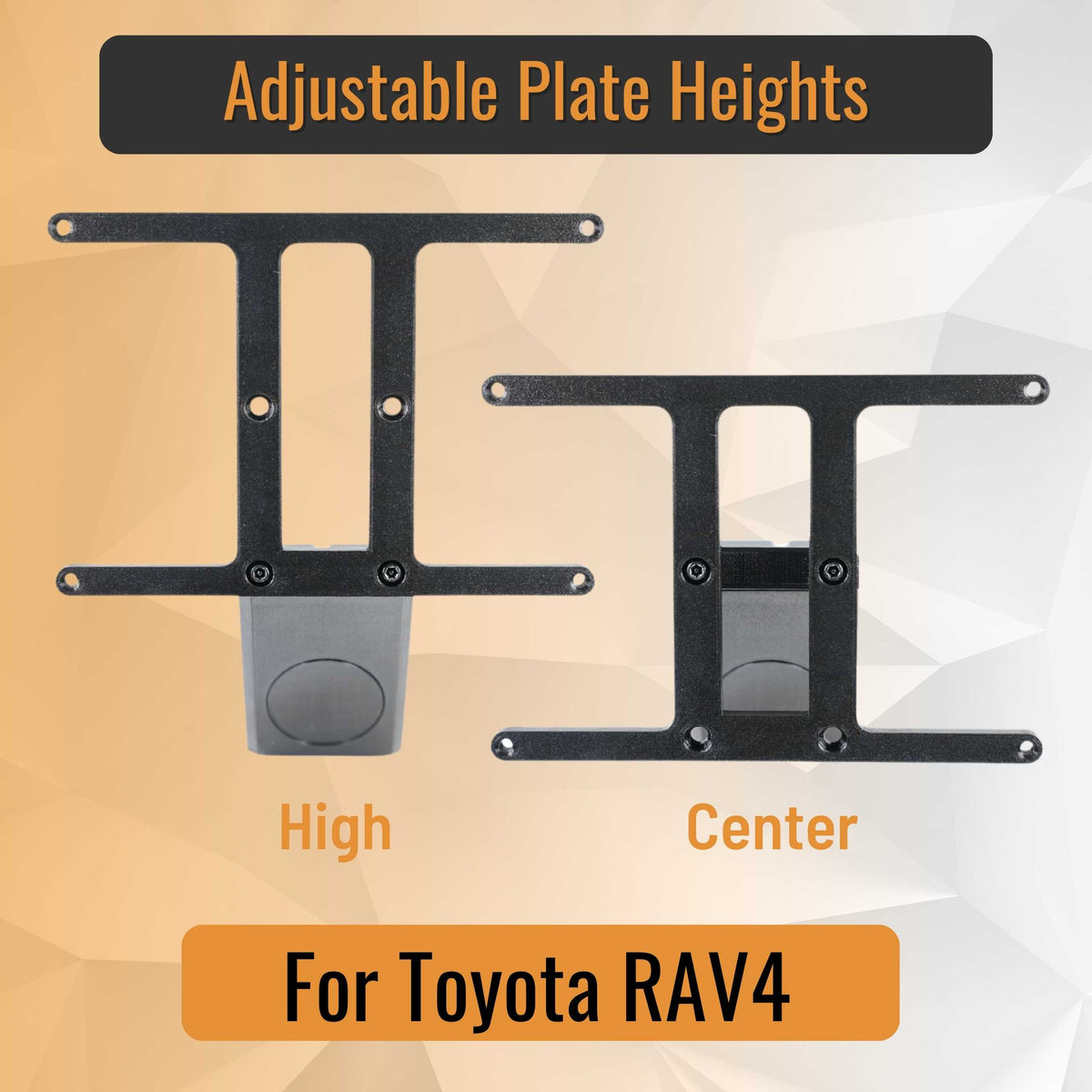Two black EveryAmp Toyota RAV4 SnapPlate No-Drill Front License Plate Brackets are shown in high and center positions on an orange and gray background—ideal as adjustable front license plate mounts.