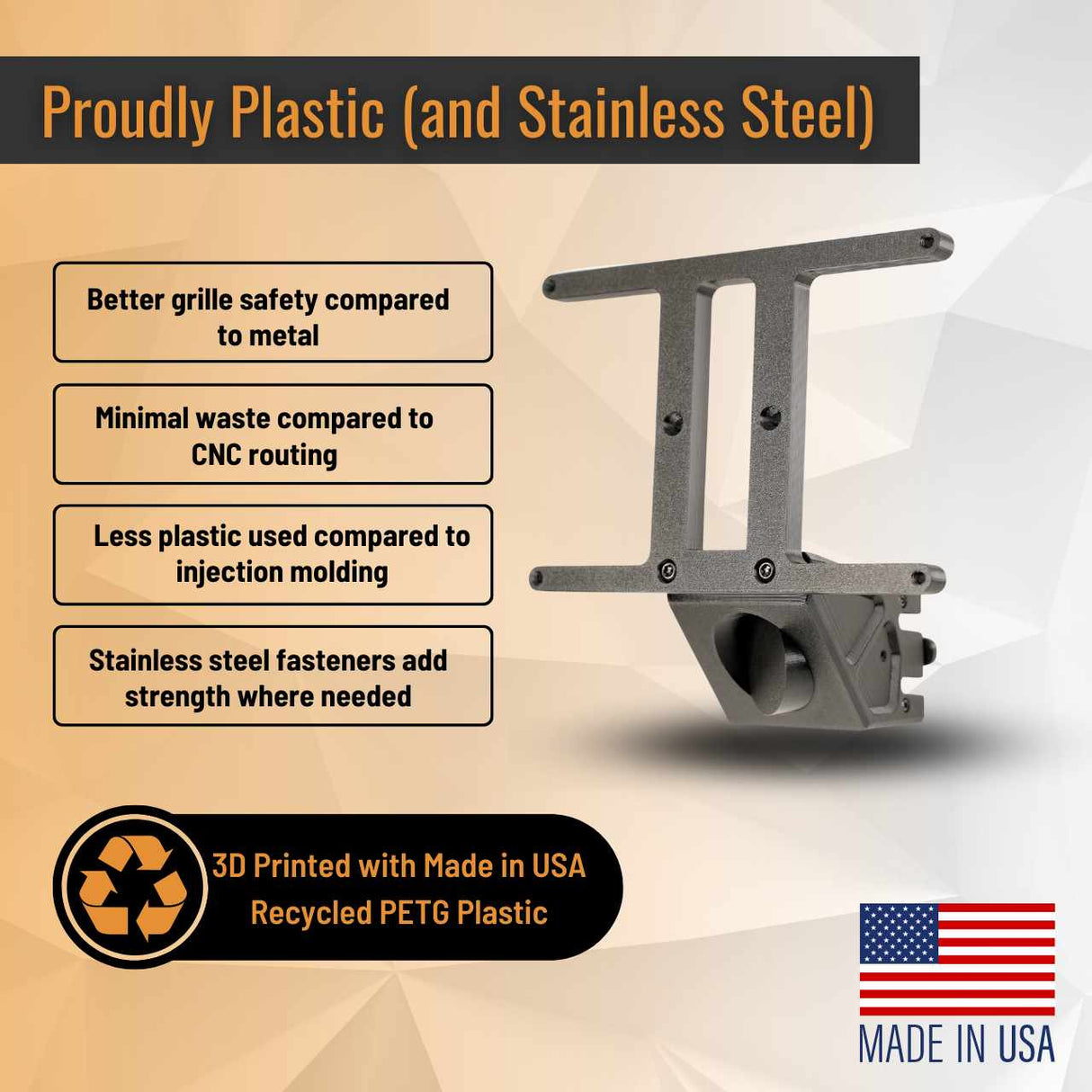 The EveryAmp Toyota RAV4 SnapPlate No-Drill Front License Plate Bracket is 3D printed in the USA from recycled PETG plastic and stainless steel, offering added strength, safety, reduced waste, and less plastic use.