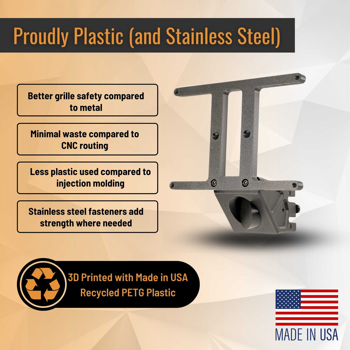 The EveryAmp Toyota RAV4 SnapPlate No-Drill Front License Plate Bracket is 3D printed in the USA from recycled PETG plastic and stainless steel, offering added strength, safety, reduced waste, and less plastic use.