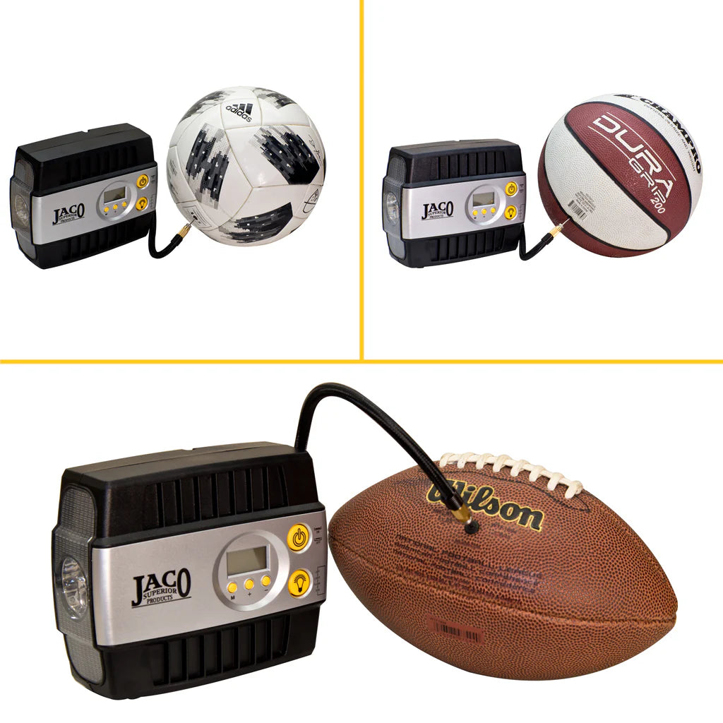 Three images display a JACO SmartPro™ 12v Digital Tire Inflator Pump efficiently inflating two soccer balls and an American football.