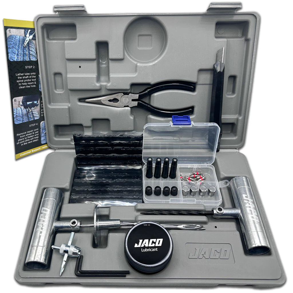 The JACO TRX-50 Heavy Duty Tire Repair Kit is essential for puncture repairs, including 50 pieces like pliers, lubricant, plug refills, and more in a gray plastic case—ideal for emergency roadside kits.