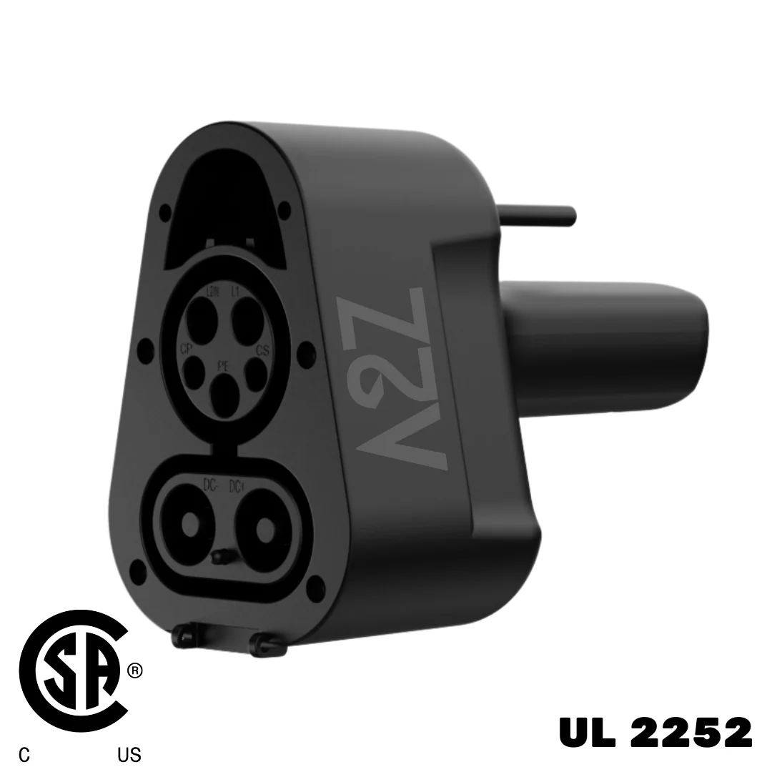 Close-up of A2Z CCS1 Charger to NACS Vehicle Adapter, labeled A2Z, showing CSA and UL 2252 certifications in the bottom corners, designed for Level 3 DC fast charging.