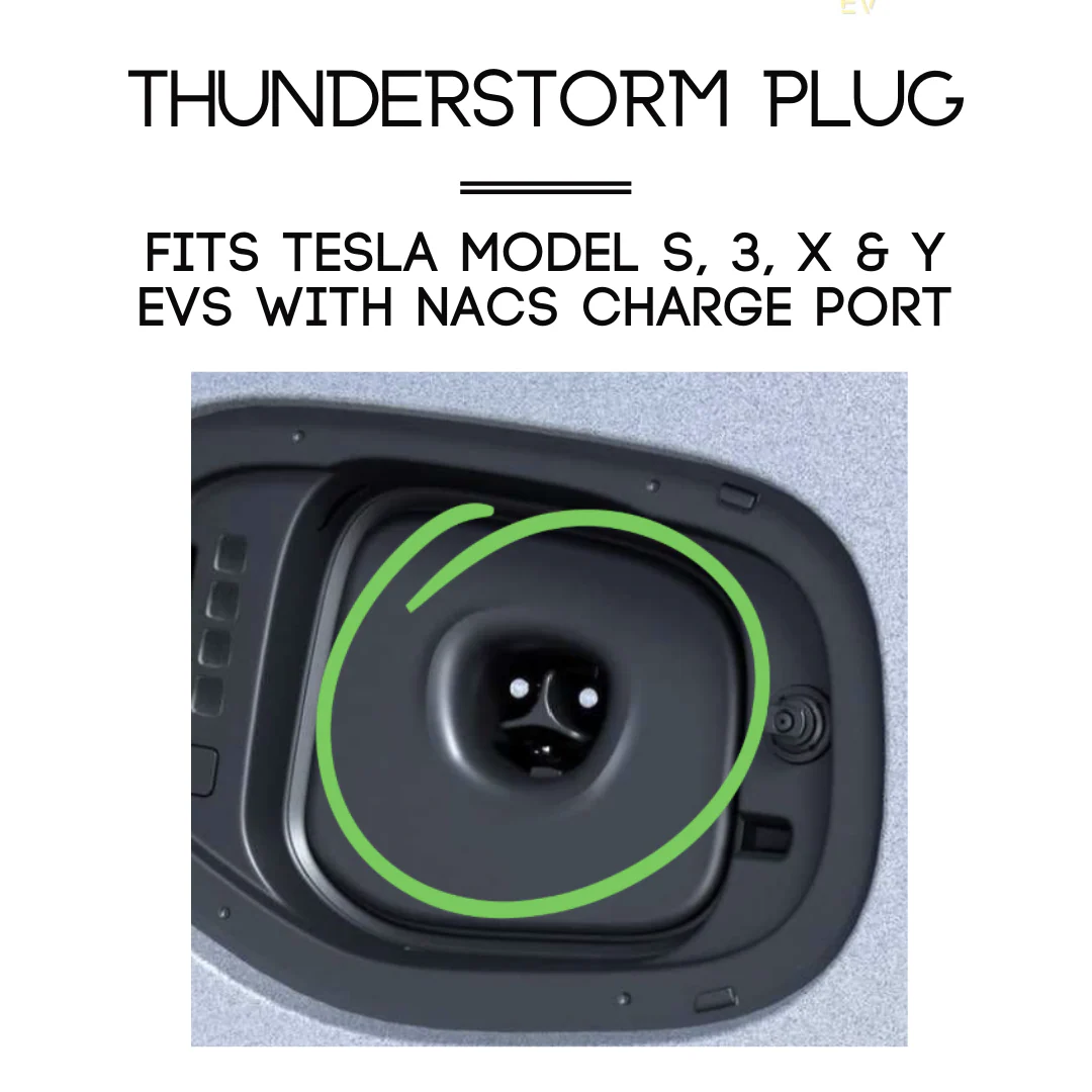 Close-up of an A2Z CCS1 Charger to NACS Vehicle Adapter, shown with a green indicator and labeled "Thunderstorm Plug." Compatible with Tesla Model S, 3, X, and Y EVs for Level 3 DC fast charging.