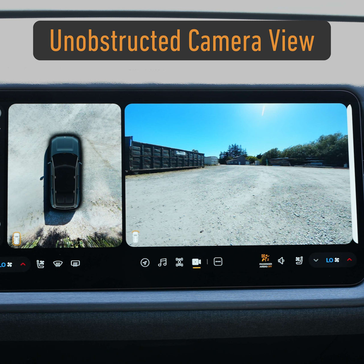 Dashboard screen shows a top-down car view and front camera of a sunlit, empty lot, with “Unobstructed Camera View” displayed—ideal for checking your EveryAmp Tow Hook Front License Plate Mount for Rivian R2 install.