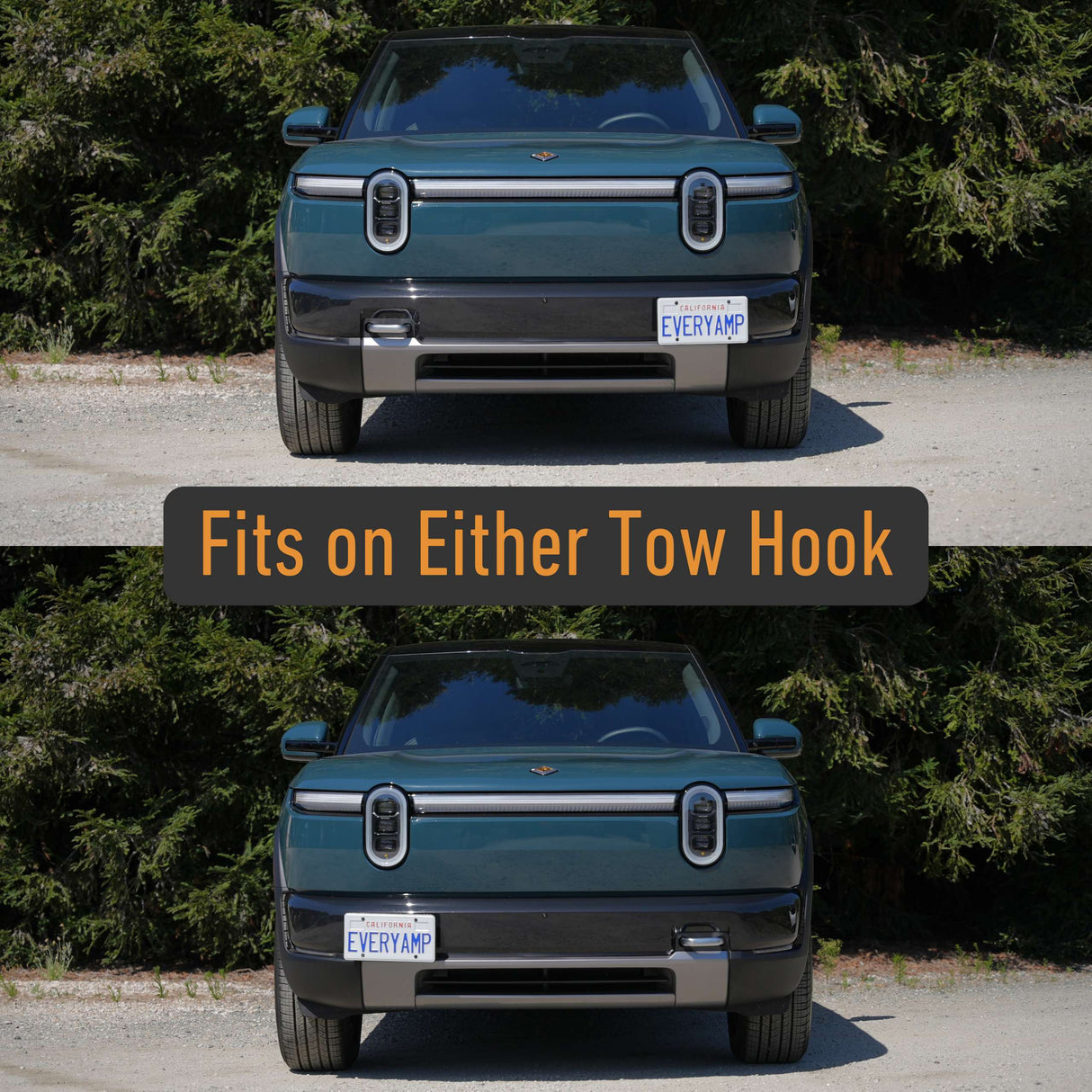 Rear view of a green SUV with text "Fits on Either Tow Hook" and two images showing an EveryAmp Tow Hook Front License Plate Mount for Rivian R2, made from durable, recycled PETG for a secure, eco-friendly mounting solution.