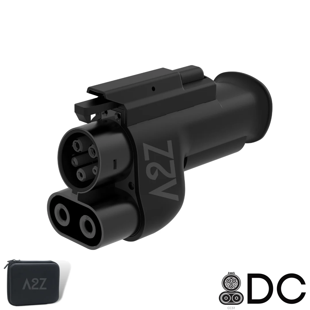 The A2Z NACS Charger to CCS1 Vehicle Adapter comes in black with a carry case, features CCS and circular ports, and is ideal for Tesla Supercharger adapter use and DC fast charging.