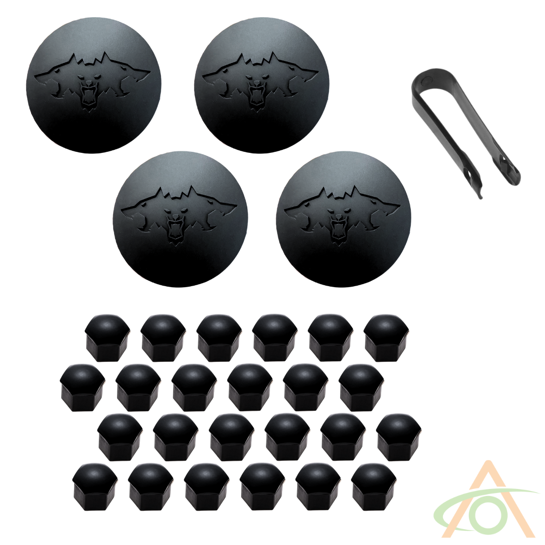 Abstract Ocean offers a set of four Cybertruck wheel center caps featuring a wolf emblem, accompanied by a removal tool and 24 lug nut covers, elegantly displayed on a white background.