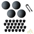 The Abstract Ocean Wheel Center Caps & Lug Nut Covers for Cybertruck include black components: 4 large round covers, 24 small hexagonal lug nut covers, and a clip tool. They are designed to enhance your Cybertruck wheels, presented on a white background.
