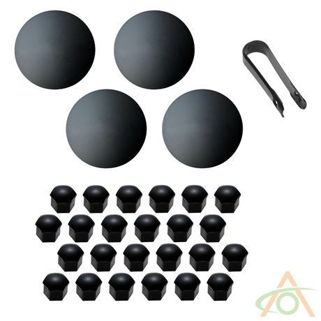 The Abstract Ocean Wheel Center Caps & Lug Nut Covers for Cybertruck include black components: 4 large round covers, 24 small hexagonal lug nut covers, and a clip tool. They are designed to enhance your Cybertruck wheels, presented on a white background.