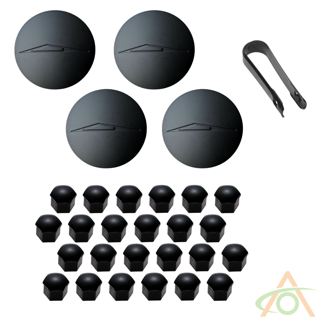 Abstract Oceans Wheel Center Caps & Lug Nut Covers for Cybertruck, featuring black hubcaps and 20 lug nut covers with center caps, are displayed alongside a tool on a white background.