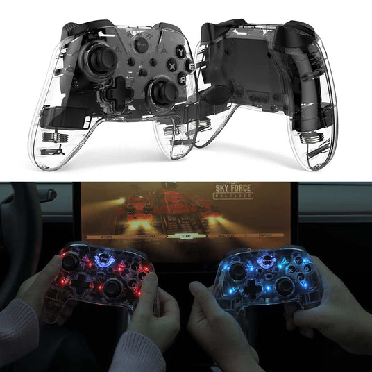 Two transparent gaming controllers with LED lights are shown, one disassembled. Below, two people use the controllers, displaying illuminated internals while playing a game on a screen.