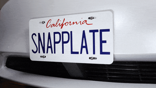 Animated image showing a California license plate with the text SNAPPLATE being attached and detached from a cars front bumper using a quick-release mechanism.