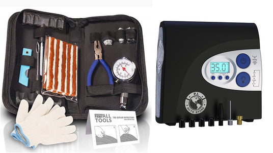 A tire repair kit with gloves, pliers, gauge, strips, cutter, and an air compressor with digital display showing 35.0, in a black and blue design.