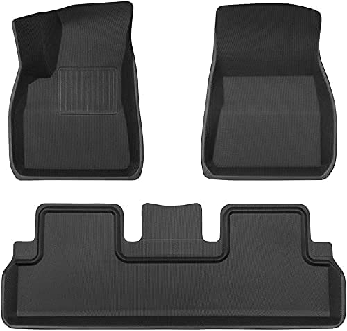 Three black car floor mats arranged on a white background; two are for the front seats, and one is for the rear seating area.