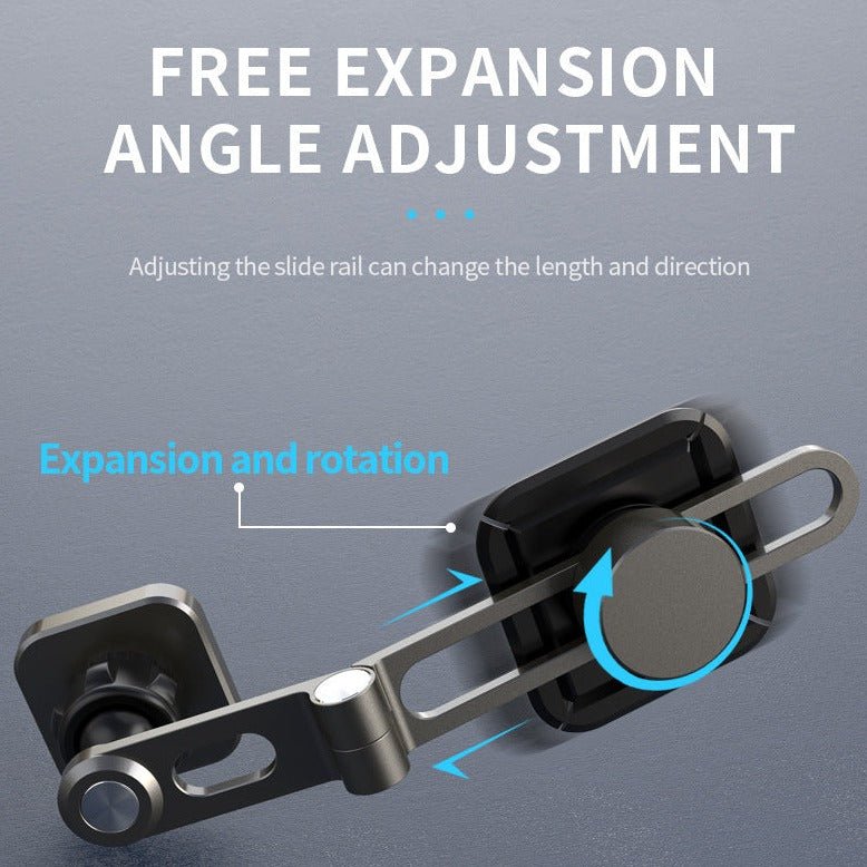 The Tesery Official Store Center Screen Magnetic Phone Holder for Model 3/Y/S/X/Cybertruck features a metal hinge with sliding and rotating parts for angle adjustment, shown in use on a grey background with instructional text.