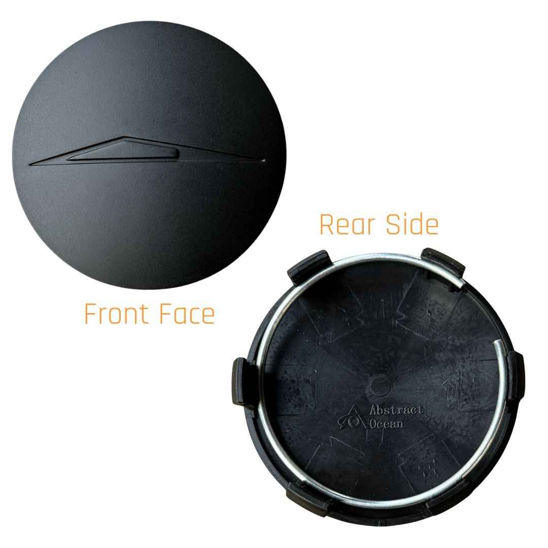 The product is a round, black wheel center cap by Abstract Ocean, inspired by Cybertruck wheels. Its front features a sleek line graphic, and the rear has Abstract Ocean text.