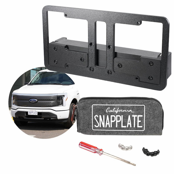 License plate mounting bracket kit with tools, including frame, bolts, screwdriver, and carrying pouch. Image of a white vehicle with bracket installed is also shown.