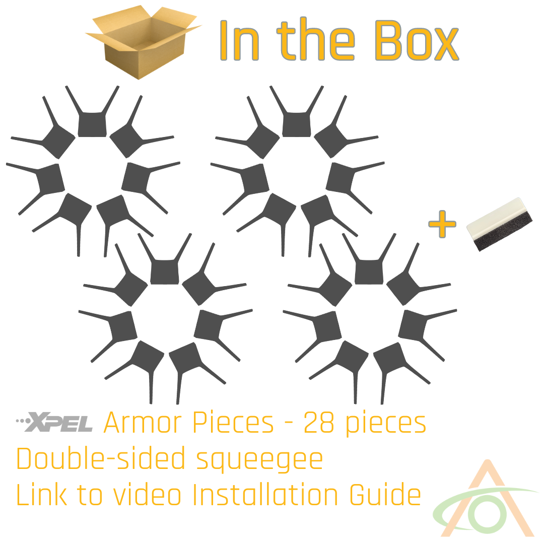 Package includes 28 Xpel Armor All-Terrain Wheel Decals for Cybertruck, a double-sided squeegee, and a video installation guide link. Enhance style and protection with these Abstract Ocean accessories.