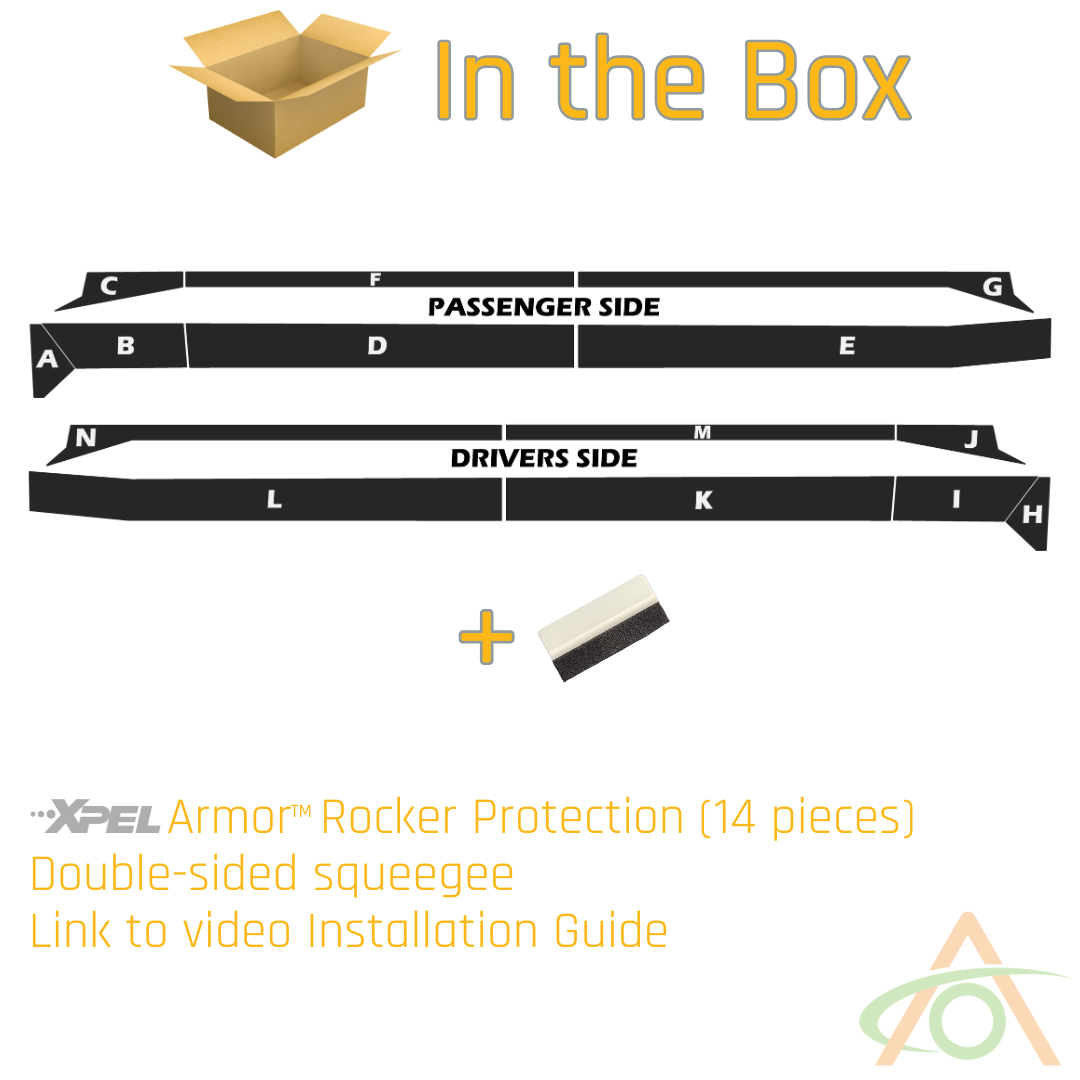 The Ultra-Tough Abstract Ocean Xpel Armor Rocker Protection for Cybertruck box includes 14 protection film pieces, a double-sided squeegee, and a link to a video installation guide.