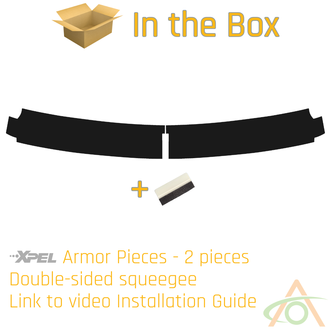 The Abstract Ocean Ultra-Tough Xpel Armor Frunk Protection boasts black armor on white, featuring two durable XPEL pieces for Cybertruck trim. Comes with a double-sided squeegee and installation guide link for easy application.