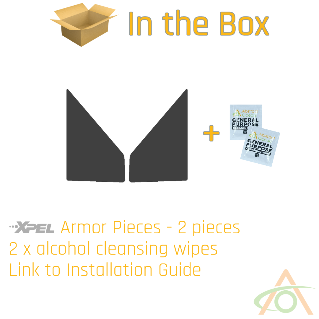 The Xpel Armor Door Inserts for Cybertruck by Abstract Ocean include two dark armor pieces with door protection, two alcohol cleansing wipes, and a link to the installation guide.