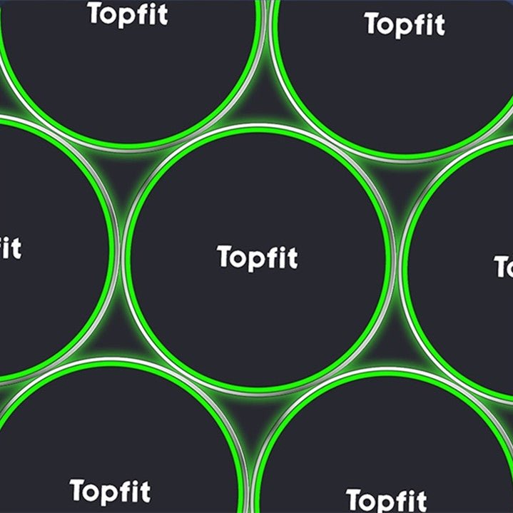 A pattern of overlapping black circles with green outlines, each featuring "Topfit" in white text, reflects the sleek design of the Tesery Official Store Magnetic Wireless Charging Phone Holder for Model 3 Highland and Model Y Juniper.