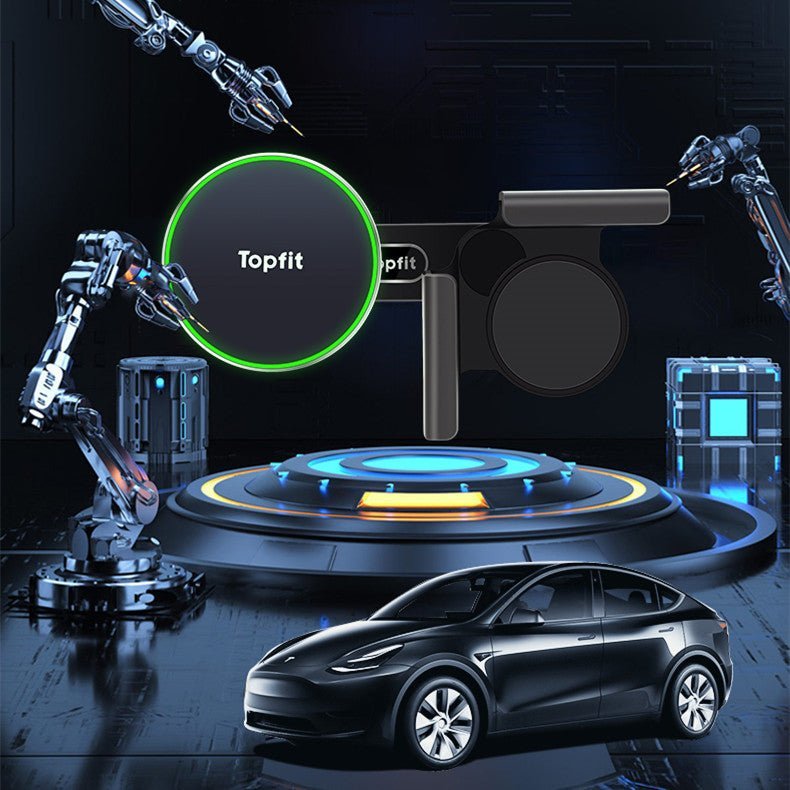 A black car is parked before robotic arms and futuristic gear, with a circular Topfit device in the background—perfect for showcasing Tesery Official Store's Magnetic Wireless Charging Phone Holder for Model 3 Highland and Model Y Juniper.