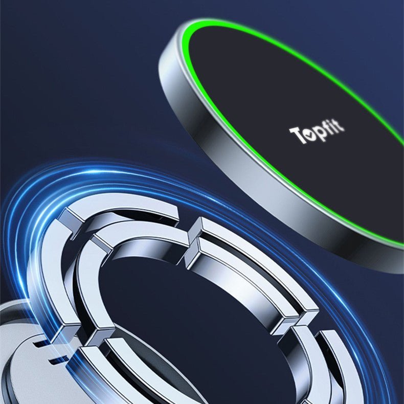 A round Magnetic Wireless Charging Phone Holder from Tesery Official Store hovers above a circular base with blue light accents—an innovative MagSafe mount designed for Model 3 Highland and Model Y Juniper.