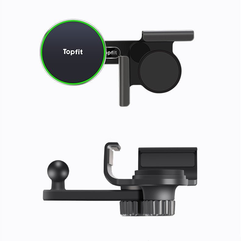 Top and side views of the black Tesery Official Store Magnetic Wireless Charging Phone Holder for Model 3 Highland & Model Y Juniper, featuring adjustable grips and a circular mounting pad.