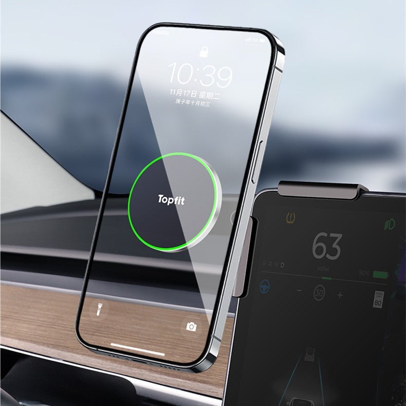 A Tesery Official Store Magnetic Wireless Charging Phone Holder for Model 3 Highland and Model Y Juniper mounts a smartphone with a transparent display on the car dashboard, showing the time and a green circular graphic.