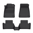 The LinerX Floor Mats, made for 2021-2025 Polestar 2 models, feature a set of four black Thermoplastic Elastomer mats with raised edges and grooves for dirt and liquid containment. The set includes two front and two connected rear mats, showcased on a pristine white background.