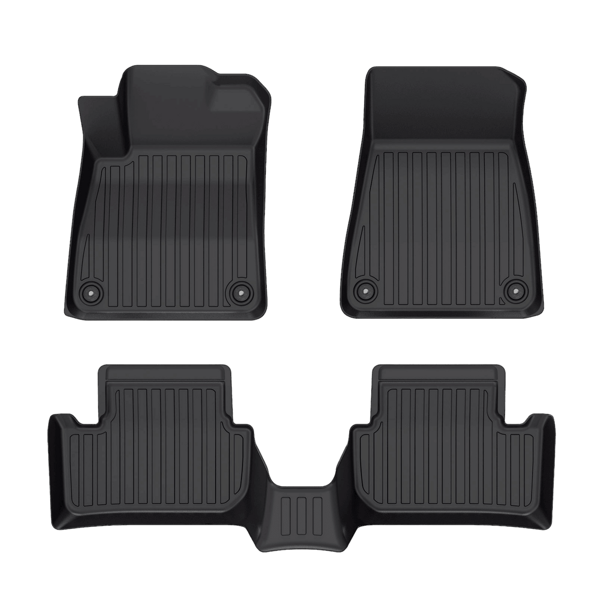 The LinerX Floor Mats, made for 2021-2025 Polestar 2 models, feature a set of four black Thermoplastic Elastomer mats with raised edges and grooves for dirt and liquid containment. The set includes two front and two connected rear mats, showcased on a pristine white background.