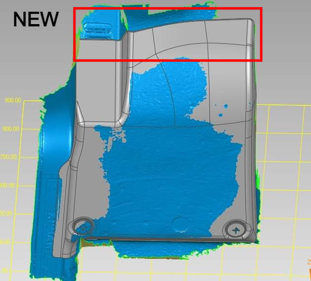 3D model image showing a gray part with a red NEW mark on an Advanced Performance Mat Liner, set against a yellow grid background, featuring the LinerX Floor Mats for 2022-2024 Rivian R1S by LinerX.