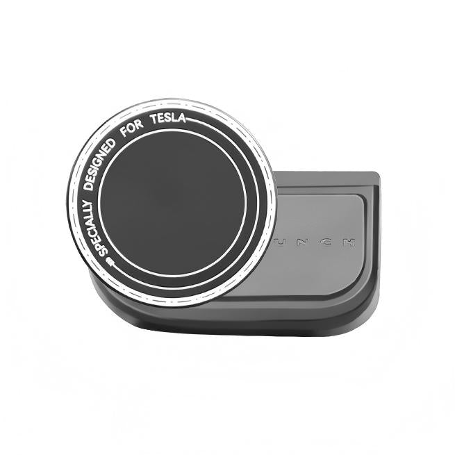 A grey Magnetic Dashboard Phone Mount by Tesery Official Store, designed for Model 3 Highland/Model Y Juniper, is shown securely attached to a black base as a stylish Tesla phone holder.