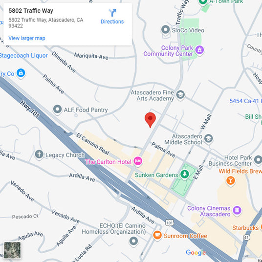 Map view of Atascadero, CA, highlighting 5802 Traffic Way. Nearby landmarks include Sunken Gardens, Atascadero Middle School, and several local businesses.